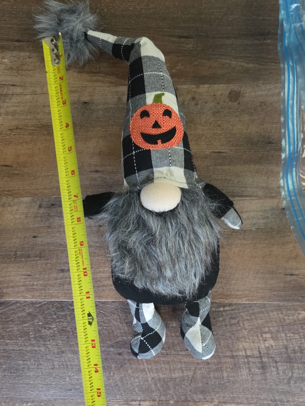 Black Plaid Halloween Gnome with Orange Pumpkin Accent - Home Accent